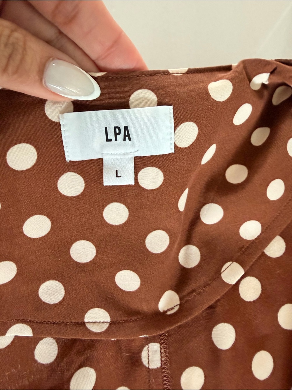 NEVER WORN**LPA Brown and White Polka Dot Wrap Midi Dress - Picture 9 of 13